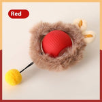 Load image into Gallery viewer, Red interactive rolling ball toy with furry cover and yellow pom-pom for cats and dogs to chase and play with.