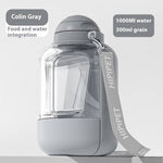 Load image into Gallery viewer, Portable gray 2-in-1 dog water bottle with integrated food container and detachable feeding cup, 1000ml capacity.
