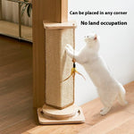 Load image into Gallery viewer, White cat scratching a durable corner cat scratch board attached to a wooden pillar with a hanging feather toy