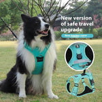 Load image into Gallery viewer, Black and white dog wearing turquoise no-pull harness with leash and GPS tracker slot, perfect for secure pet travel.