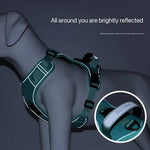 Load image into Gallery viewer, Reflective green no-pull dog harness shown in low light, highlighting 360° visibility and GPS tag compatibility for night safety.