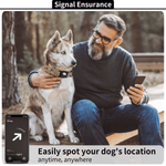 Load image into Gallery viewer, Man sitting outdoors with dog wearing Airtag collar, using phone to track dog's location securely and easily.