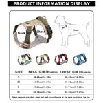 Load image into Gallery viewer, Size chart for reflective army dog harness with neck and chest measurements for S to XL, suitable for large dog breeds.