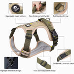 Load image into Gallery viewer, Detailed diagram of reflective army dog harness features including soft handle, D-ring, and four-point adjustable design.