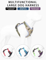 Load image into Gallery viewer, Illustration showing multifunctional reflective army dog harness in four colors, made with high-quality Oxford cloth.
