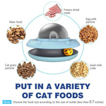 Load image into Gallery viewer, Flying Saucer Pet Slow Feeder shown with various compatible cat food types like freeze-dried meat and goat milk cubes for versatile feeding.