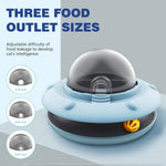 Load image into Gallery viewer, Blue Flying Saucer Pet Slow Feeder with three adjustable food outlet sizes to control treat flow and challenge pet intelligence.