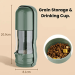 Load image into Gallery viewer, 2-in-1 green Pet Travel Feeder with grain storage and water cup, compact design for feeding pets on the move.