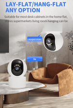 Load image into Gallery viewer, Indoor WiFi pet camera shown mounted on ceiling and placed on table in modern living room setting