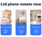 Load image into Gallery viewer, Remote view examples on phone showing baby sleeping, a kitten, and an indoor store for WiFi pet camera monitoring.