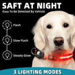 Load image into Gallery viewer, Golden retriever wearing a glowing red Airtag pet collar with three lighting modes for night visibility and safety from vehicles.