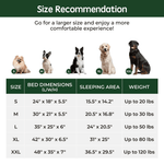 Load image into Gallery viewer, Size chart for orthopedic dog bed showing dimensions and weight recommendations from small to XXL for optimal pet comfort.