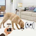 Load image into Gallery viewer, Owl Pet Robot – Interactive Toy with Camera & Treat Dispenser engaging a dog via smartphone control in a modern living room.