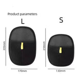 Load image into Gallery viewer, Black pet hair remover gloves in large and small sizes with mesh design and yellow pull tabs shown with dimensions