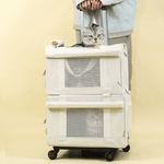 Load image into Gallery viewer, Double-decker pet carrier trolley backpack with mesh windows, holding two cats, designed for easy travel and ventilation.
