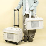 Load image into Gallery viewer, Person holding a beige double-decker pet carrier trolley backpack and matching detachable soft carrier bag