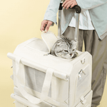 Load image into Gallery viewer, Person opening top mesh window of cream double-decker pet carrier trolley backpack with gray cat inside