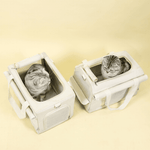 Load image into Gallery viewer, Two grey cats inside separate beige compartments of a double-decker trolley backpack pet carrier on a yellow background