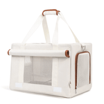 Load image into Gallery viewer, Beige double-decker pet carrier tote bag with mesh windows and brown trim for two cats, designed for travel comfort.