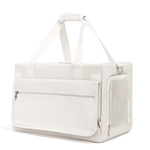 Load image into Gallery viewer, Beige double-decker pet carrier tote with mesh side ventilation and front zipper pocket for two cats or small pets