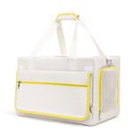 Load image into Gallery viewer, Double-decker pet carrier with trolley backpack design, breathable mesh sides, and yellow trim for two cats.