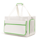 Load image into Gallery viewer, Double-decker pet carrier in white with green trim, trolley backpack design for carrying two cats comfortably.