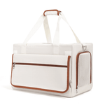 Load image into Gallery viewer, Beige double-decker pet carrier with mesh ventilation and zipper pockets for two cats, designed as a trolley backpack.