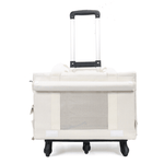 Load image into Gallery viewer, White double-decker pet carrier trolley backpack with mesh ventilation and extendable handle for two cats.