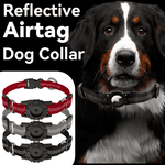 Load image into Gallery viewer, Large dog wearing a reflective Airtag collar with a black smart tracker case and three color options displayed.