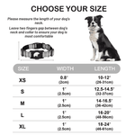 Load image into Gallery viewer, Size chart for reflective Airtag dog collar with width and length measurements for XS to XL sizes shown with a sitting dog image.