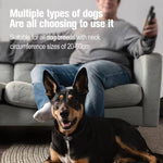 Load image into Gallery viewer, Dog wearing remote training collar indoors with owner in background, showing compatibility for dogs with 20-60cm neck sizes.