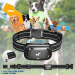 Load image into Gallery viewer, Adjustable remote dog training collar shown on various dog breeds from 10lbs to 110lbs, with strap cutting instructions for proper fit.