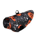 Load image into Gallery viewer, Waterproof and windproof Halloween dog jacket with warm pumpkin and spider web print for small and medium pets.