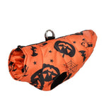 Load image into Gallery viewer, Orange waterproof and windproof Halloween dog jacket with pumpkin, bat, and spider web prints for small to medium pets.