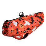 Load image into Gallery viewer, Orange waterproof Halloween dog jacket with ghost, pumpkin, bat, and cat prints for small and medium pets