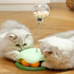 Load image into Gallery viewer, Two fluffy white cats interacting with green Interactive Cat Toy & Feeder Set, engaging with the rotating turntable ball feature.