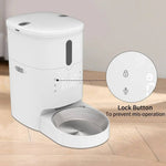 Load image into Gallery viewer, Close-up of smart Wi-Fi pet feeder showing lock button to prevent misoperation, ideal for safe and secure pet feeding.