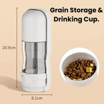 Load image into Gallery viewer, White 2-in-1 Pet Travel Feeder with grain storage and water cup, 20.9cm tall, great for feeding pets on the go.