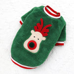 Load image into Gallery viewer, Green fleece dog sweater with red and white trim featuring a reindeer design for Christmas and winter holidays.