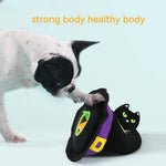 Load image into Gallery viewer, Boston terrier dog playing with black cat Halloween pet hat chew and squeak toy for cats and dogs