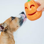 Load image into Gallery viewer, Dog sniffing a hand holding an orange indestructible pumpkin-shaped chew toy for aggressive chewers and puppies