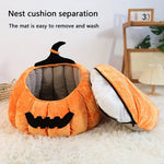 Load image into Gallery viewer, Soft plush pumpkin-shaped pet bed with removable cushion, designed for cats and small dogs, perfect for fall and winter warmth