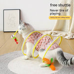 Load image into Gallery viewer, Cat playing with S type foldable spring tunnel toy with mouse and feather, indoor interactive cat supplies.