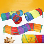 Load image into Gallery viewer, Colorful rainbow cat tunnel set with three foldable interactive play tubes for cats, including dangling ball toy and multiple openings.