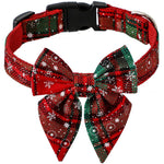 Load image into Gallery viewer, Adjustable Christmas dog collar with red and green plaid pattern and attached bow tie decorated with white snowflakes.