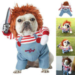 Load image into Gallery viewer, Small dog wearing adjustable Halloween costume with red wig, striped shirt, overalls, and toy knife for cosplay parties.