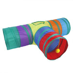 Load image into Gallery viewer, Colorful rainbow cat tunnel with three foldable tubes and hanging ball for interactive cat play and exploration