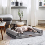Load image into Gallery viewer, Medium-sized dog resting on a grey orthopedic egg foam dog bed with waterproof washable cover in a living room.