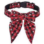 Load image into Gallery viewer, Adjustable red and black plaid dog collar with festive snowflake Christmas bow tie for small to large dogs