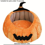 Load image into Gallery viewer, Soft plush Halloween pumpkin cat bed with devil hat design for cats and small dogs under 15 pounds